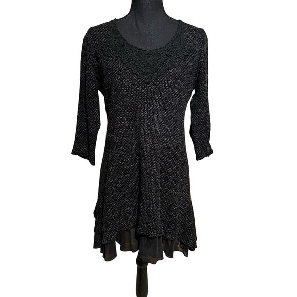 Creation Black Knit Crochet Lace Layer Look Tunic Top Women's S Small - Picture 1 of 8